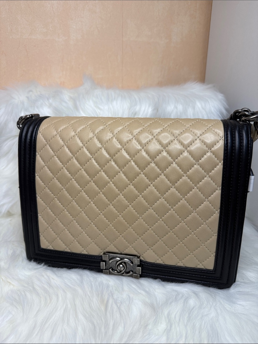 Chanel Bicolor Large Boy Bag – Beige Quilted Lambskin with Black Leather Trim